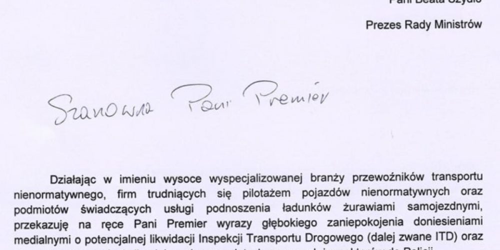 Pismo OSPTN do Prezes Rady Ministrów – Beaty Szydło